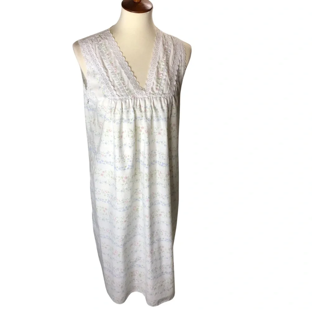 Vintage Cotton Night Gown Dress Floral Sz Small Lace Trim Sleeveless Cottagecore - Picture 2 of 8